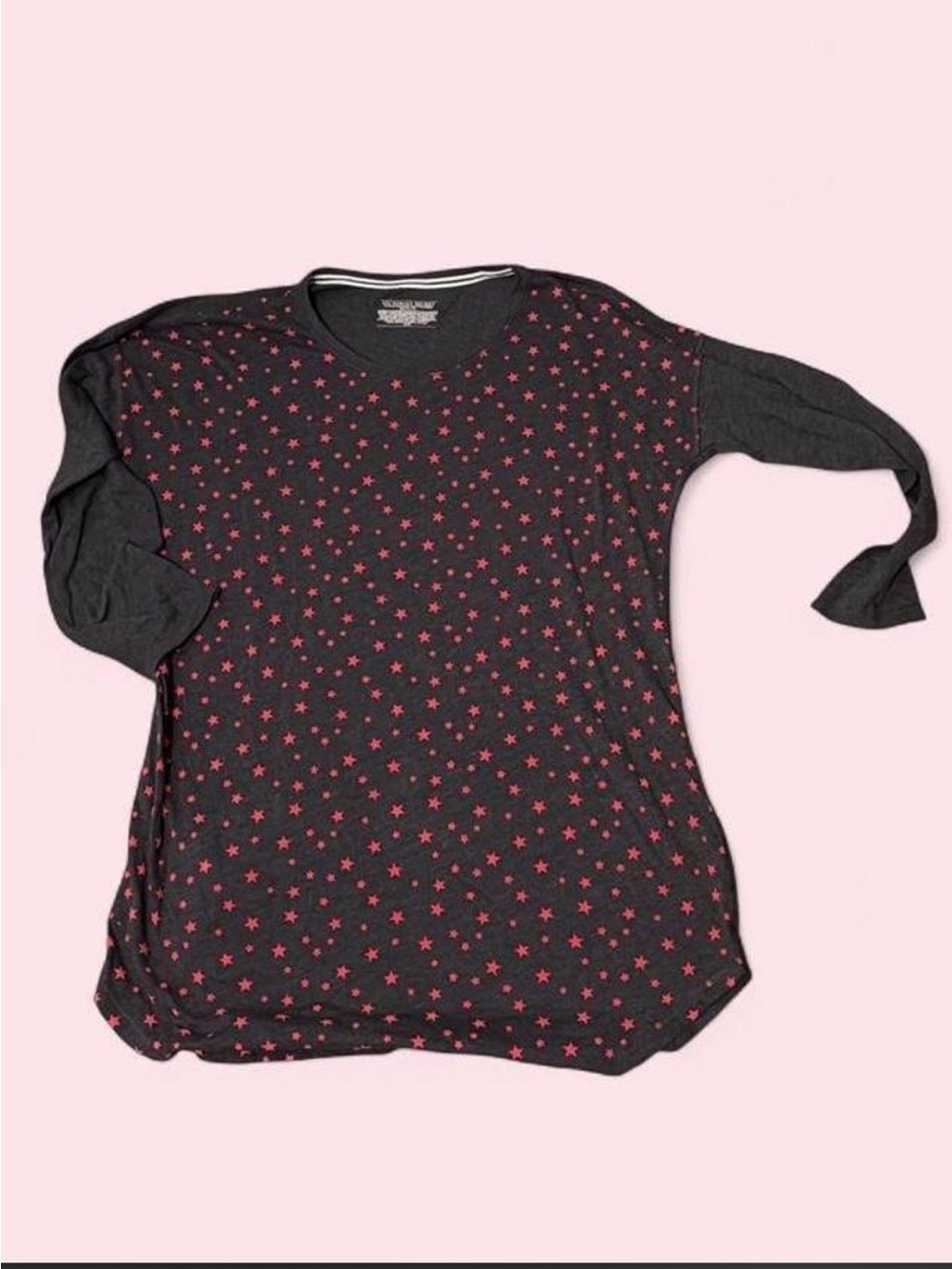 Victoria's Secret Charcoal Gray Chemise Longsleeve Nightgown with Red Star Print